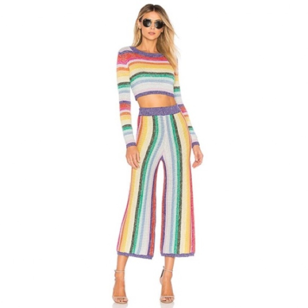 Lovers + Friends Rainbow Knit Set Small Festival Shimmer Crop Top Wide Leg Pants